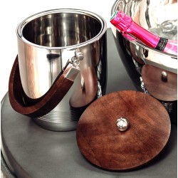 Double-wall stainless steel champagne and ice bucket with wooden lid