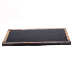 Plateau de présentation rectangulaire en mélamine avec effet ardoise et bois