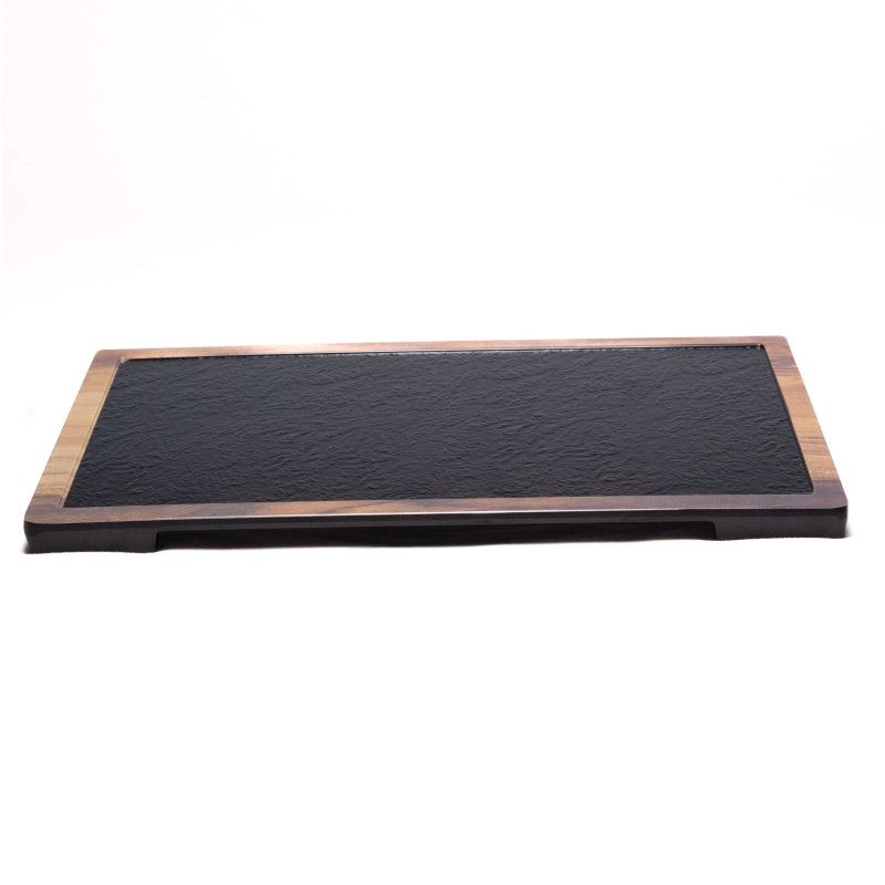 Plateau de présentation rectangulaire en mélamine avec effet ardoise et bois Plateau de présentation rectangulaire en mélamine avec effet ardoise et bois