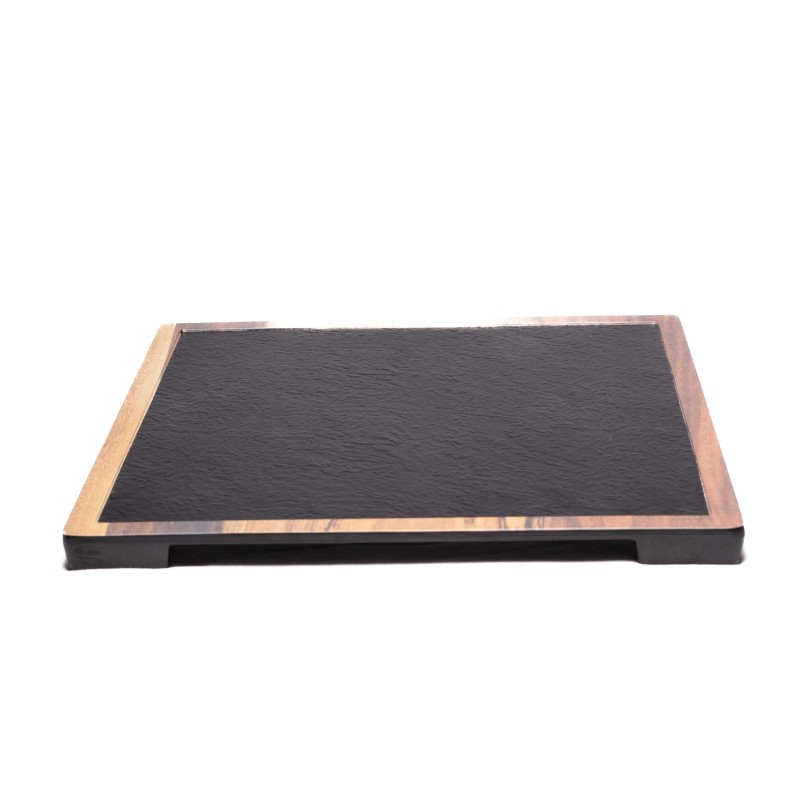 Presentation and serving melamine tray with slate and wood aspect