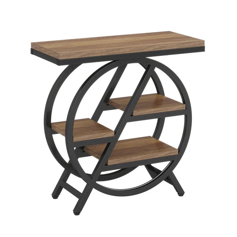 Présentoir buffet XL ORBI 4 niveaux – structure cercle acier noir & bois vieilli | KanTsens
